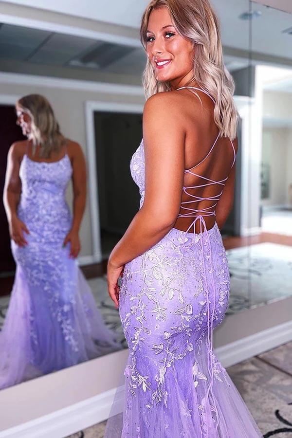Mermaid Spaghetti Straps Scoop Lace Prom Dresses, MP865