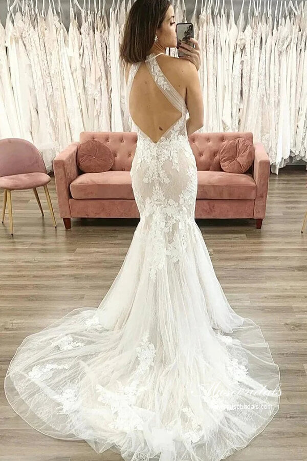 tulle halter wedding dress A-Line Tulle Wedding Dress Deep V neckline Slit Skirt & Open Back Think Bridal