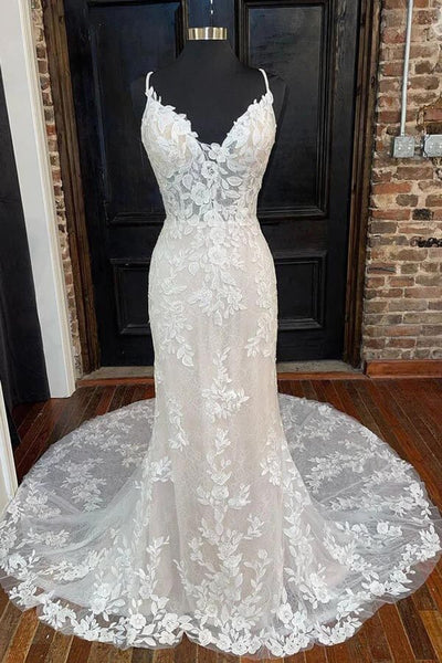 Beach Wedding White Lace Open Back Dress Mermaid V-neck Spaghetti Straps Wedding  Dresses MW926 Musebridals