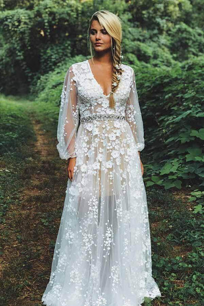 Tulle A-line Long Sleeves Lace Wedding Dresses, MW1032