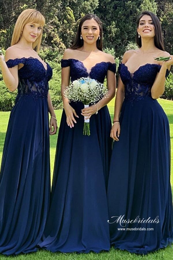 Navy Blue Chiffon A-line Off-the-Shoulder Lace Long Bridesmaid Dresses, MBD222 | blue bridesmaid dresses | cheap bridesmaid dresses | wedding guest dress | musebridals.com