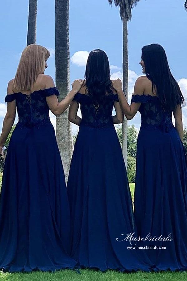 Navy Blue Chiffon A-line Off-the-Shoulder Lace Long Bridesmaid Dresses, MBD222 | budget bridesmaid dresses | maid of honor's dresses | wedding party dresses | musebridals.com