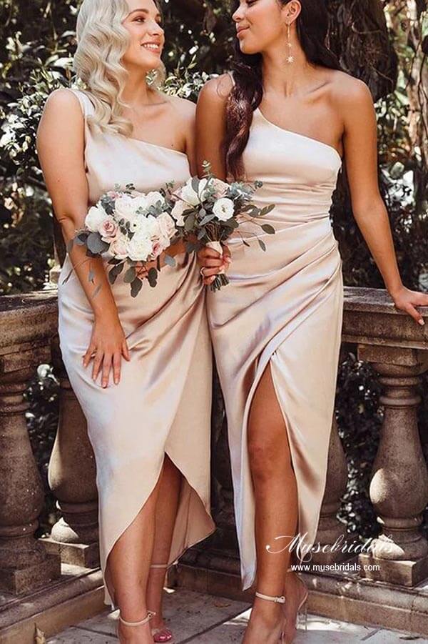 One Shoulder Asymmetrical Pleated Short Bridesmaid Dresses With Slit, MBD193 | budget bridesmaid dresses | wedding party dress | short bridesmaid dresses | musebridals.com