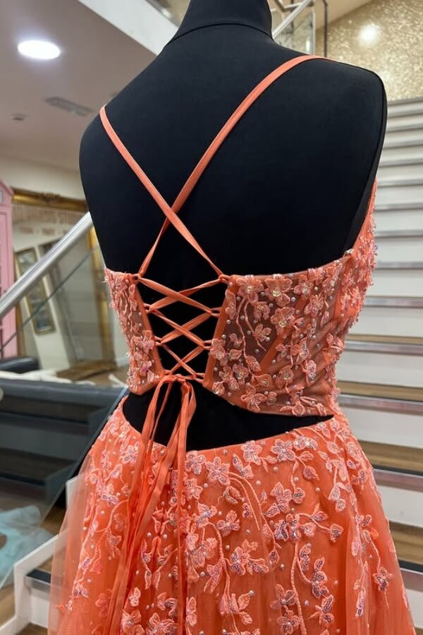 Orange Tulle A line Deep V Neck Prom Dresses, MP1073 | Musebridals