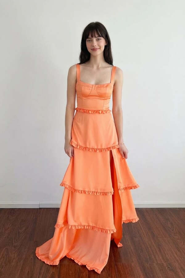 Orange Satin Tiered A Line Spaghetti Straps Square Neck Prom Dresses, MP1095 | prom dress organe | new arrival prom dress | senior prom dress | musebridals.com