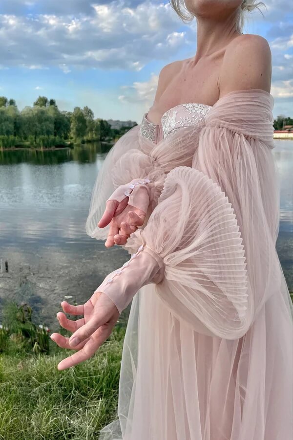 Pink A Line Princess Puff Sleeves Prom Dresses, MP1025 | Musebridals Pink A Line Princess Puff Sleeves Prom Dresses, MP1025 | Musebridals