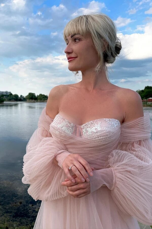 Pink A Line Princess Puff Sleeves Prom Dresses, MP1025 | Musebridals Pink A Line Princess Puff Sleeves Prom Dresses, MP1025 | Musebridals