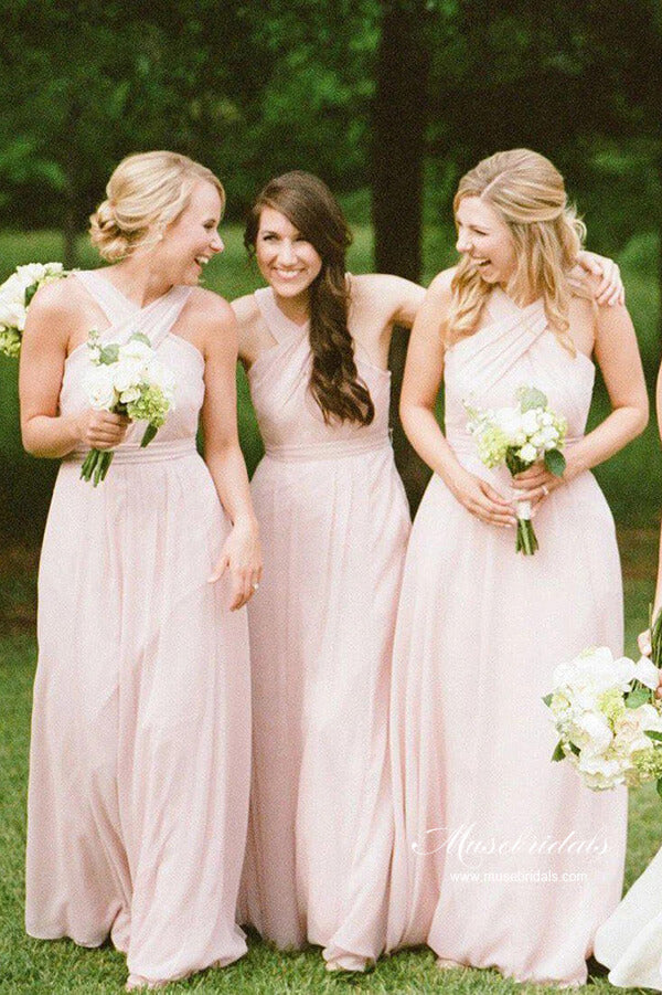 Pink Chiffon A-line Floor Length Simple Long Bridesmaid Dresses, MBD233 | budget bridesmaid dresses | wedding party dress | wedding guest dress | musebridals.com