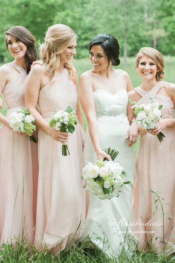 Pink Chiffon A-line Floor Length Simple Long Bridesmaid Dresses, MBD233 | cheap long bridesmaid dress | maid of honor's dress | junior bridesmaid dress | musebridals.com