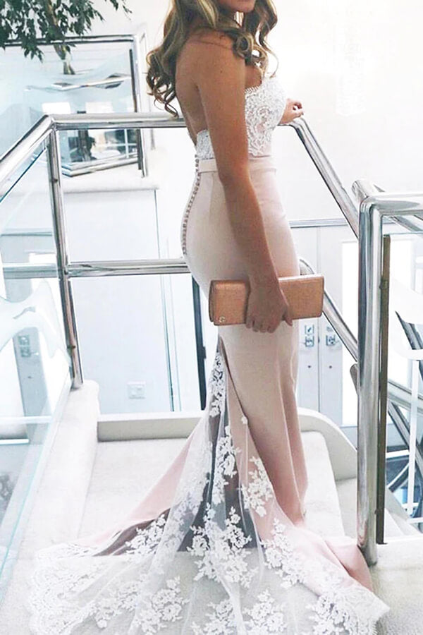 Pink Mermaid Bridesmaid Dresses With White Lace, MBD219