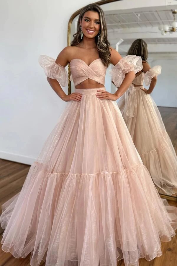 Pink Organza Two Piece Sweetheart Prom Dresses, MP926
