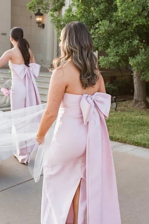 Pink Satin Strapless Bridesmaid Dresses With Bow, MBD288