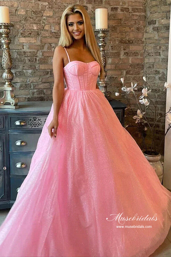 Pink Shiny Tulle A-line Spaghetti Straps Sweetheart Long Prom Dresses, MP883 | pink prom dress | a line prom dress | sparkly prom dresses | musebridals.com