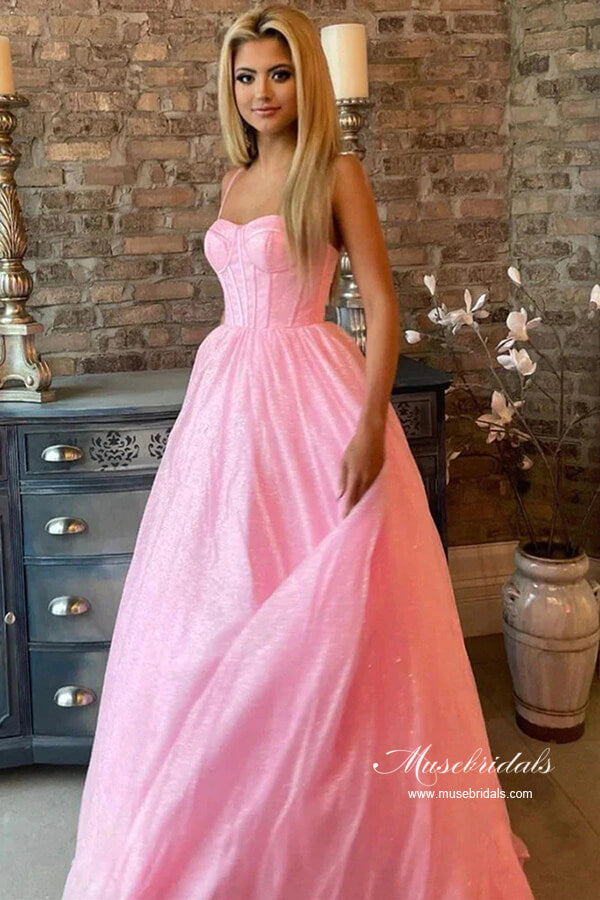 Pink Shiny Tulle A-line Spaghetti Straps Sweetheart Long Prom Dresses, MP883 | long formal dresses | prom dresses for girls | evening gown | musebridals.com