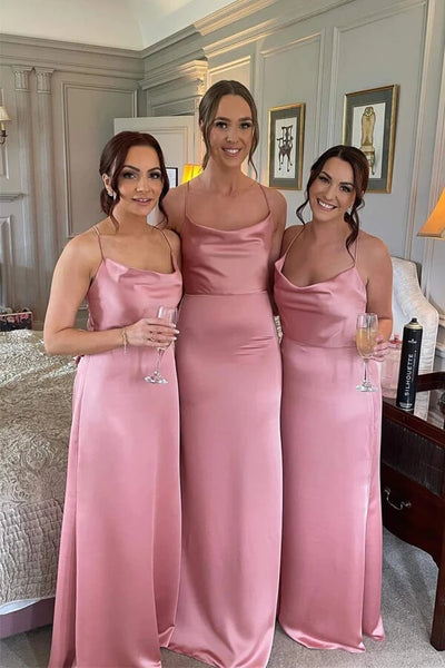 Pink Silk Satin Floor Length Bridesmaid Dresses Wedding Party Dresses MBD209