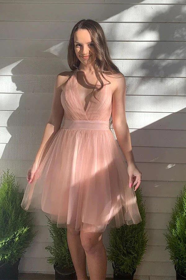 Pink Tulle A-line Halter Backless Homecoming Dresses, Short Party Dress, MH611 | pink homecoming dresses | cheap homecoming dresses | short prom dress | musebridals.com