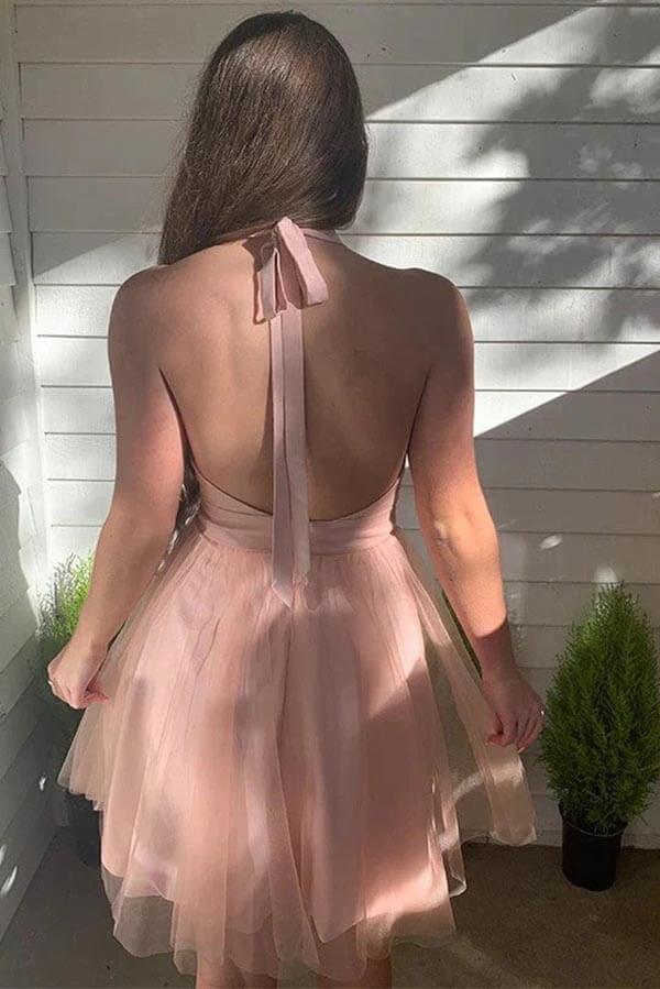 Pink Tulle A-line Halter Backless Homecoming Dresses, Short Party Dress, MH611 | backless homecoming dress | new arrival homecoming dresses | homecoming dresses online | musebridals.com