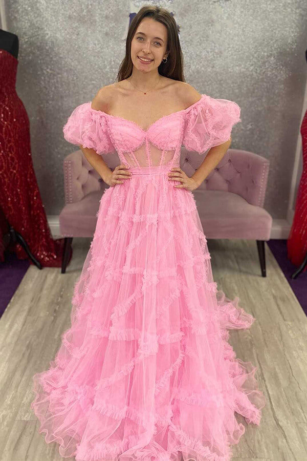 Tulle A-line Off Shoulder Sheer Corset Prom Dress, MP927