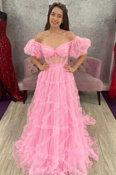 Tulle A-line Off Shoulder Sheer Corset Prom Dress, MP927 Tulle A-line Off Shoulder Sheer Corset Prom Dress, MP927