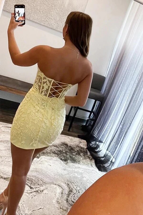 Pink Sweetheart Neck Lace Appliqued Tight Short Homecoming Dresses, MH627 | yellow homecoming dress | new arrival homecoming dress | simple homecoming dress | musebridals.com