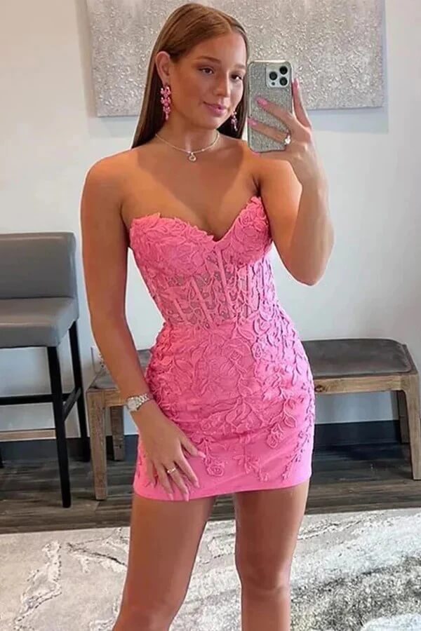 Pink Sweetheart Neck Lace Appliqued Tight Short Homecoming Dresses, MH627 | pink homecoming dress | lace homecoming dress | school event dress | musebridals.com