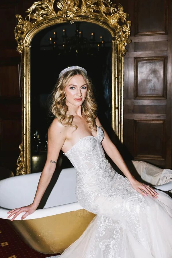Polka Dots Tulle Mermaid Strapless Sweetheart Vintage Lace Wedding Dresses, MW1076 | lace wedding gown | mermaid wedding dresses | bridal gown | musebridals.com