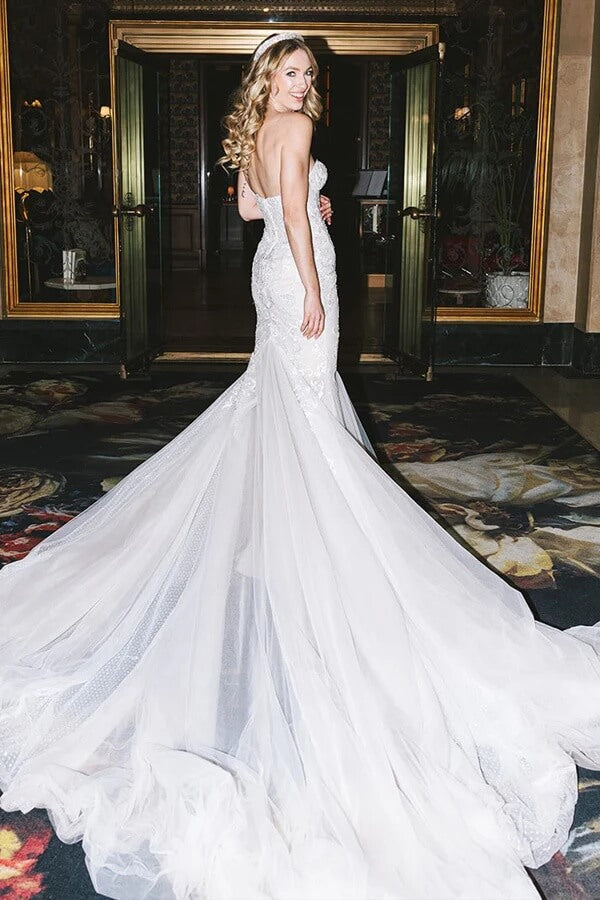Polka Dots Tulle Mermaid Strapless Sweetheart Vintage Lace Wedding Dresses, MW1076 | strapless wedding dress | wedding dresses online | wedding dress stores | musebridals.com