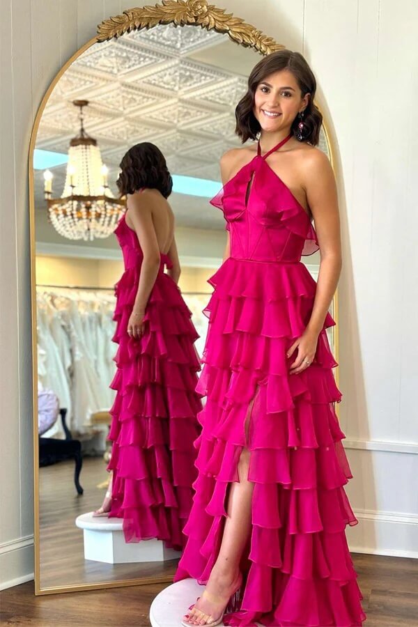 green emerald velvet dress Fuchsia Pleated A-line Long Formal Dress – Dreamdressy main image 1