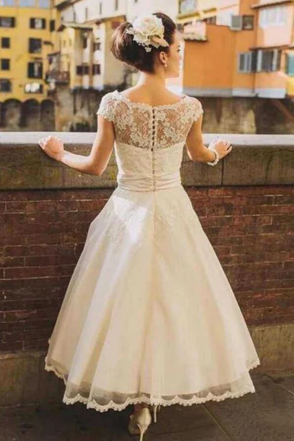 Princess Tulle A-line Cap Sleeves Tea Length Lace Wedding Dresses, MW951 | short lace wedding gown | bridal style | vintage wedding dress | musebridals.com