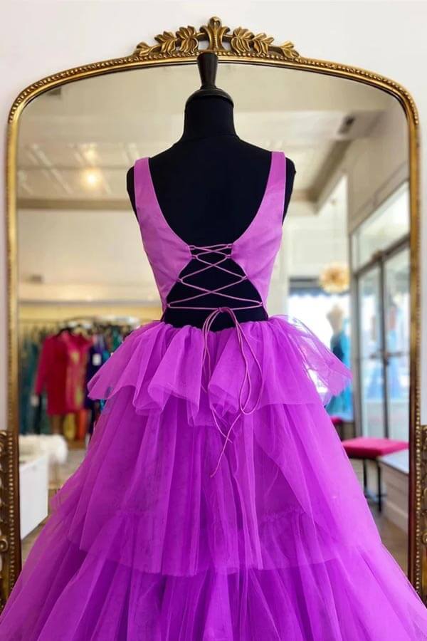 Purple Tired Tulle A-line Backless Prom Dresses, Long Formal Dresses, MP871 | long prom dress online | prom dress stores | evening dress | musebridals.com