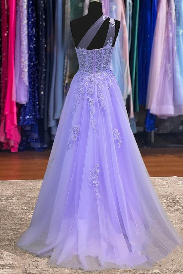 Purple Tulle A-line One Shoulder Long Prom Dresses With Lace Appliques, MP841 | long formal dresses | a line prom dresses | party dress | musebridals.com