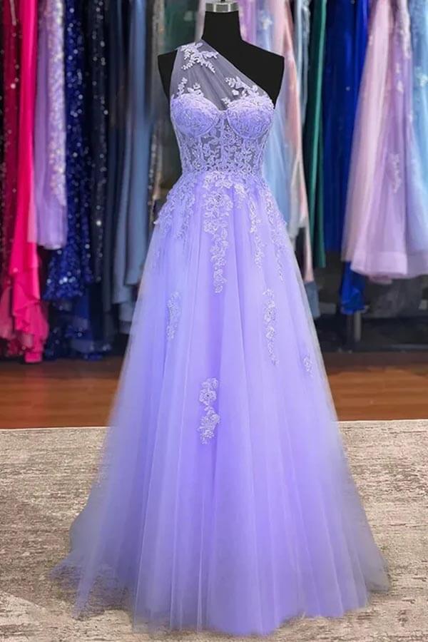 Purple Tulle A-line One Shoulder Long Prom Dresses With Lace Appliques, MP841 Purple Tulle A-line One Shoulder Long Prom Dresses With Lace Appliques, MP841