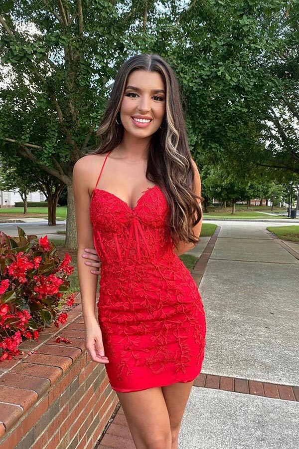 Red Lace Spaghetti Straps Sweetheart Short Homecoming Dresses, MH612 | lace homecoming dresses | short party dresses | graduation dresses | musebridals.com