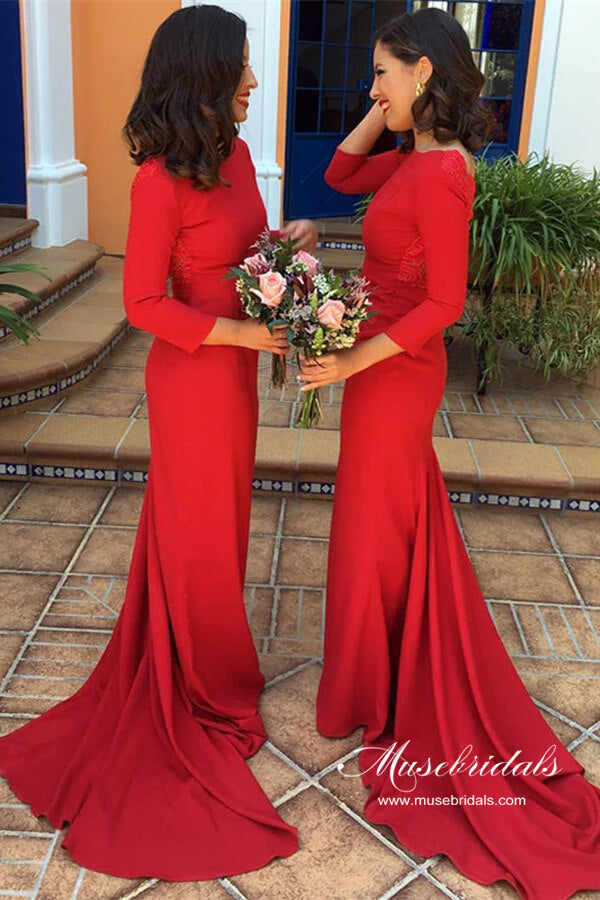 Red Mermaid Long Sleeves Modest Lace Long Bridesmaid Dresses, MBD231 | red bridesmaid dress | wedding party dress | wedding guest dresses | musebridals.com