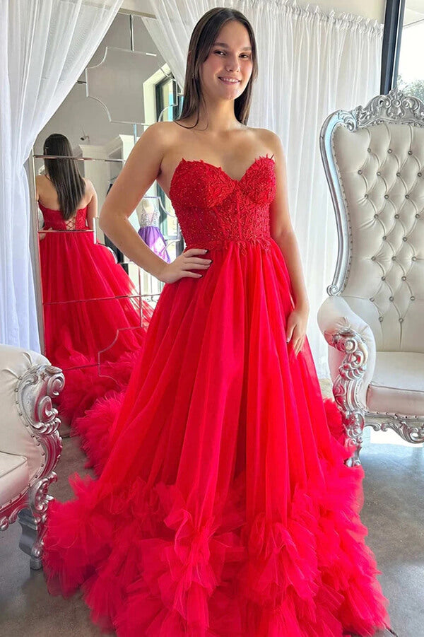 Red Tulle Sweetheart Prom Dresses With Ruffles, MP919