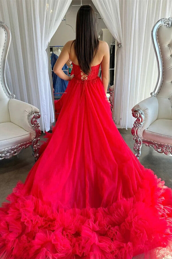 Red Tulle Sweetheart Prom Dresses With Ruffles, MP919