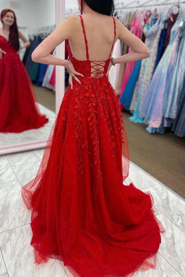 Red Tulle A-line V-neck Lace Appliques Long Prom Dresses, Party Dresses, MP837 | cheap long prom dresses | a line prom dresses | long formal dresses | musebridals.com