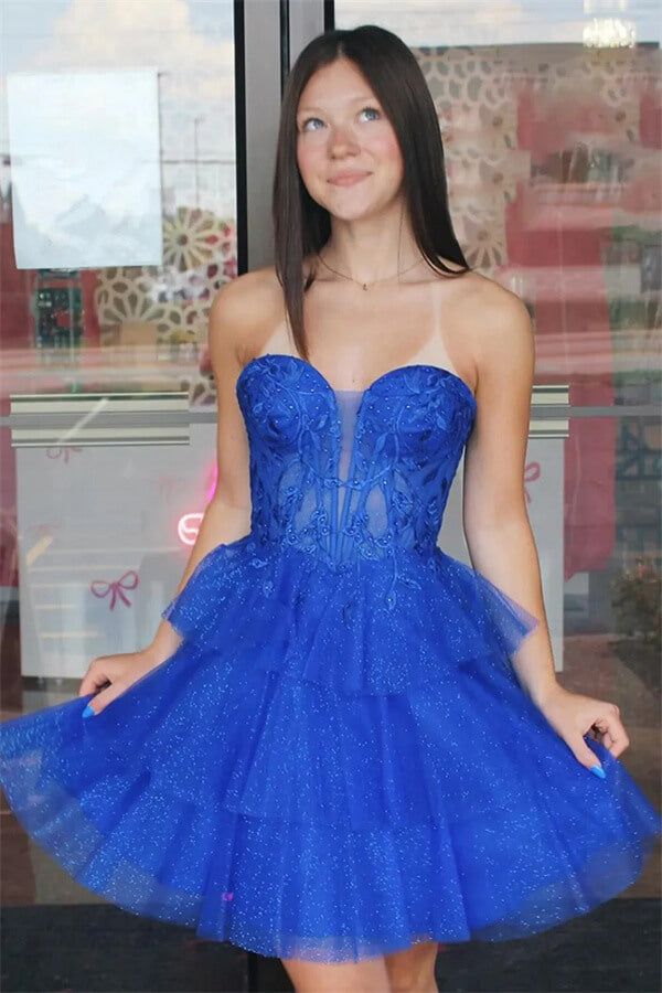 Royal Blue A Line Strapless Lace Homecoming Dress, MH678