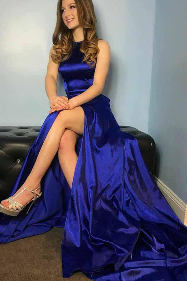 新品 USA BLUE GOWN SMALL…AQP Royal Blue Satin A-line Round Neck Slit Prom Dress MP829