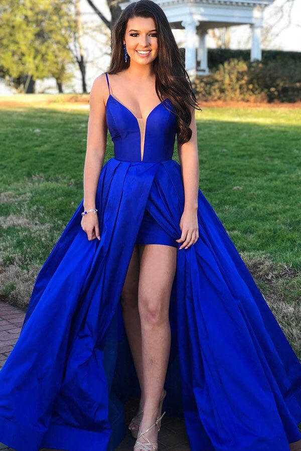 Royal Blue Satin A-line Spaghetti Straps Long Prom Dresses With Slit, MP892 | simple prom dress | blue prom dress | party dress | musebridals.com