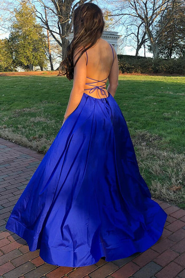 Royal Blue A-line Spaghetti Straps Prom Dresses, MP892