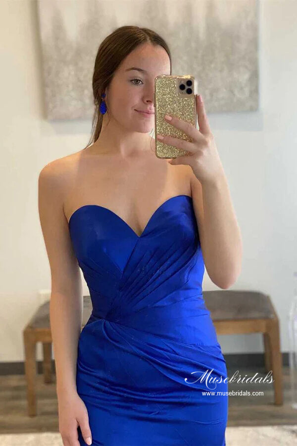 Royal Blue Satin Sheath Sweetheart Ruffled Bodice Long Prom Dresses, MP897 | simple prom dress | evening gown | prom dresses near me | musebridals.com