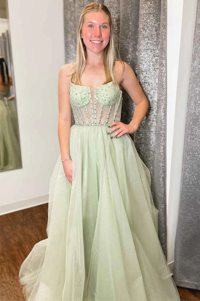 Sage Green Tulle A-line Beaded Prom Dress, MP945 | Musebridals Sage Green Tulle A-line Beaded Prom Dress, MP945 | Musebridals