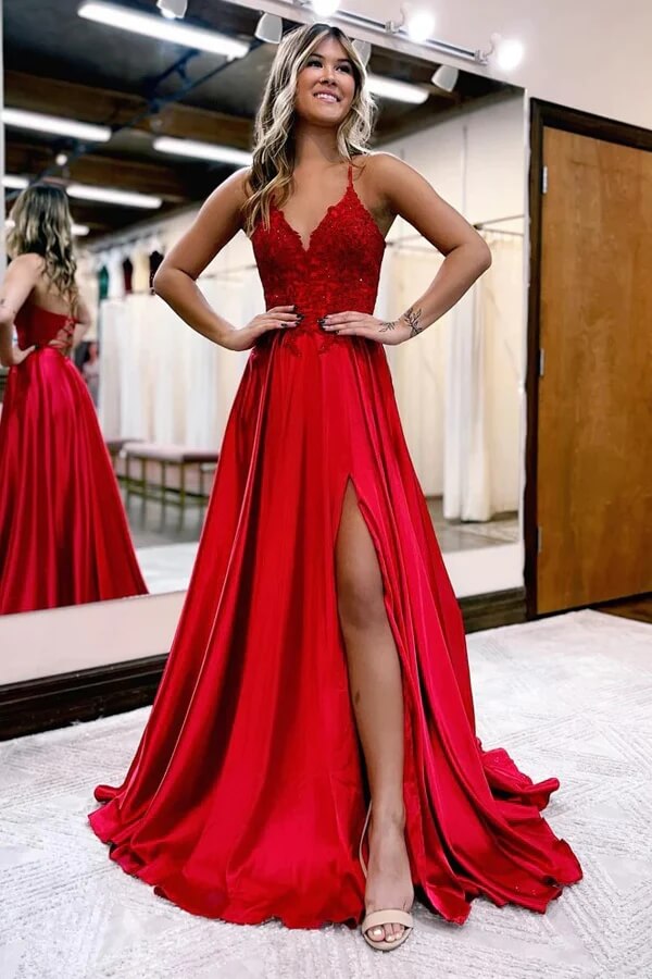 Simple V-neck Long A-line Prom Dresses, Side Slit Red Prom Dresses