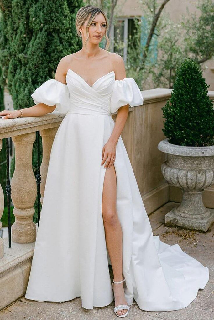 Satin A Line V Neck Strapless Puff Sleeves Empire Wedding Dresses, MW1211