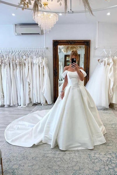 off-the-shoulder satin ball gown wedding dress product info and reviews Satin Ball Gown Off-the-Shoulder Wedding Dresses With Court Train, MW906