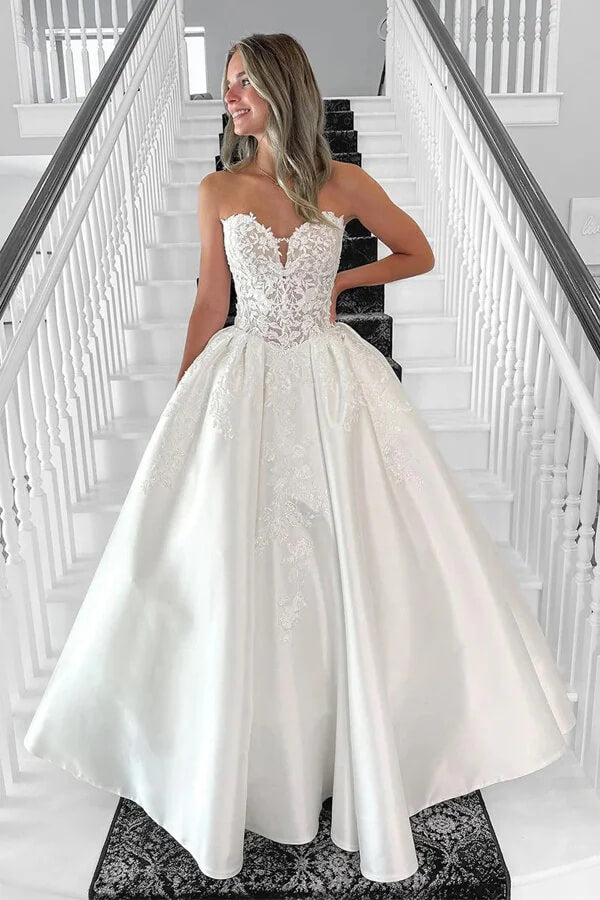 Satin Ball Gown Sweetheart Vintage Wedding Dresses With Lace Appliques, MW1071 | satin wedding dresses | cheap wedding dresses online | bridal gown | musebridals.com