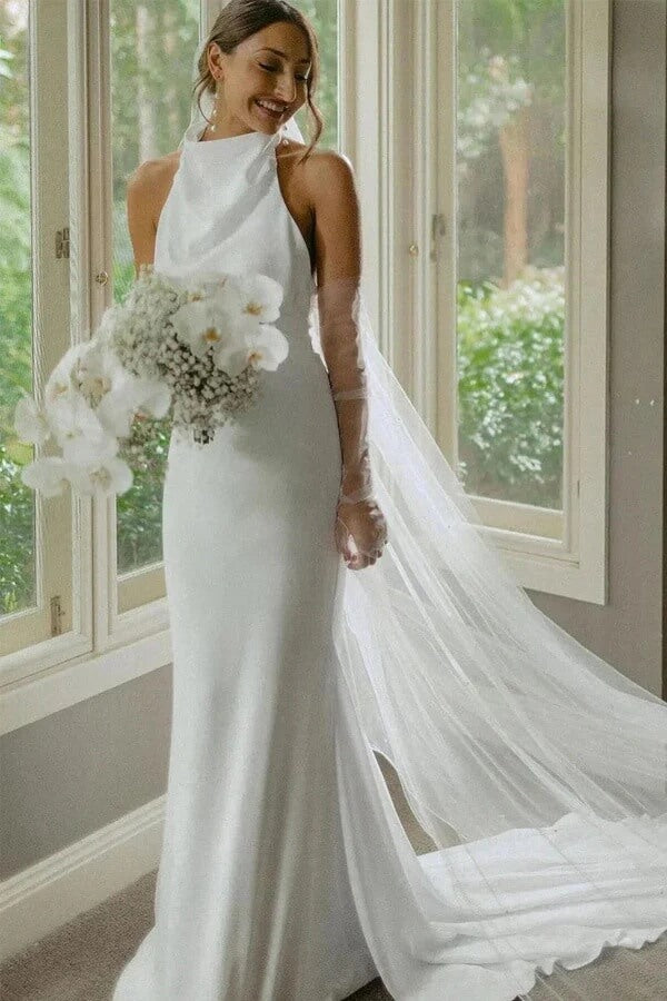 Satin Mermaid Halter Neck Backless Modest Simple Wedding Dresses, MW1042 Satin Mermaid Halter Neck Backless Modest Simple Wedding Dresses, MW1042