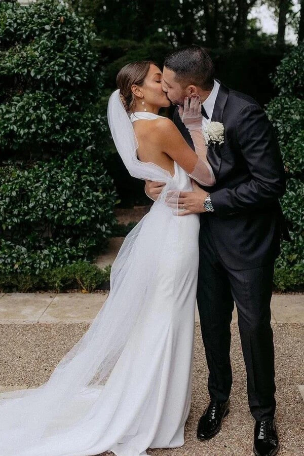Satin Mermaid Halter Neck Backless Wedding Dress, MW1042