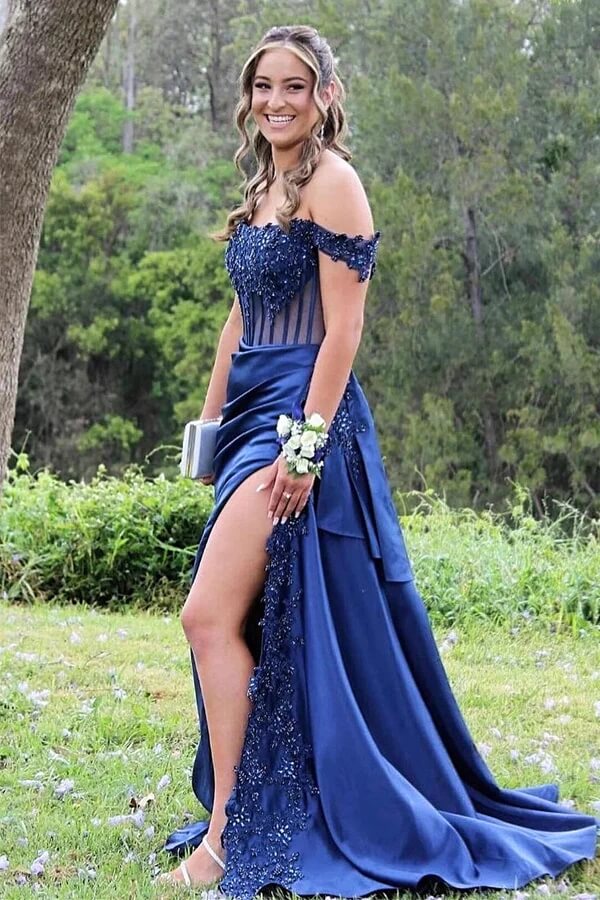 Off Shoulder Blue Satin Appliques Long Prom Dresses, Simple Prom Dresses Off Shoulder Blue Satin Appliques Long Prom Dresses, Simple Prom Dresses